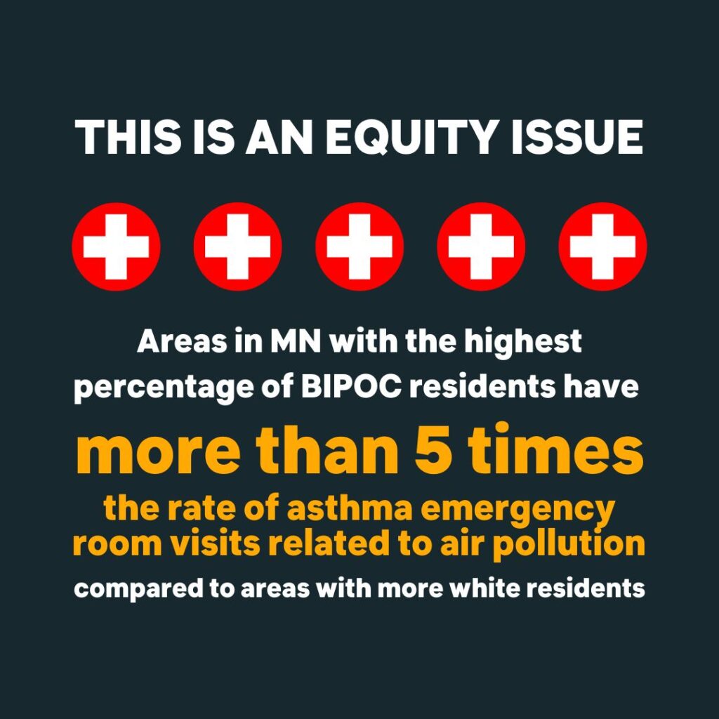 This is an equity issue. Areas in MN with the highest percentage of BIPOC residents have more than 5 times the rate of asthma emergency room visits related to air pollution compared to areas with more white residents